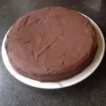 Gluten-free cake made with King Arthur's gluten-free cake mix and Simple Mills organic chocolate frosting