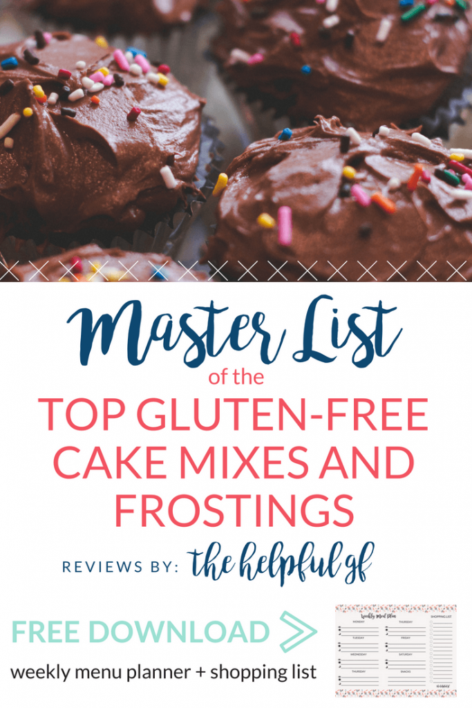 This is a master list of the best gluten-free boxed cake mixes and premade frostings with reviews! Pin now, reference later so you can make baking gluten-free desserts easy whether you want a cake, cupcakes, or are using a cake mix to make cookies, bars, or other sweet treat! Rated by taste, whether they’re moist or dry, and more! reviews include: King Arthur, Simple Mills, and Bob’s Red Mill!