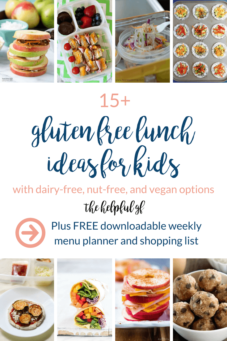This is a roundup of 15 fun and easy gluten-free school lunch ideas for kids to pack for school. The list includes many dairy-free, nut free, and vegan options as well. These ideas are simple, quick, and healthy ideas to make ahead for easy packing!