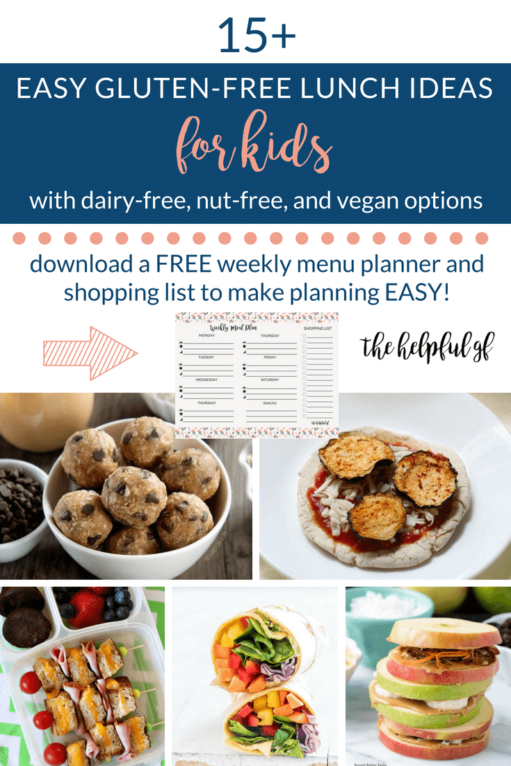 This is a roundup of 15 fun and easy gluten-free school lunch ideas for kids to pack for school. The list includes many dairy-free, nut free, and vegan options as well. These ideas are simple, quick, and healthy ideas to make ahead for easy packing!
