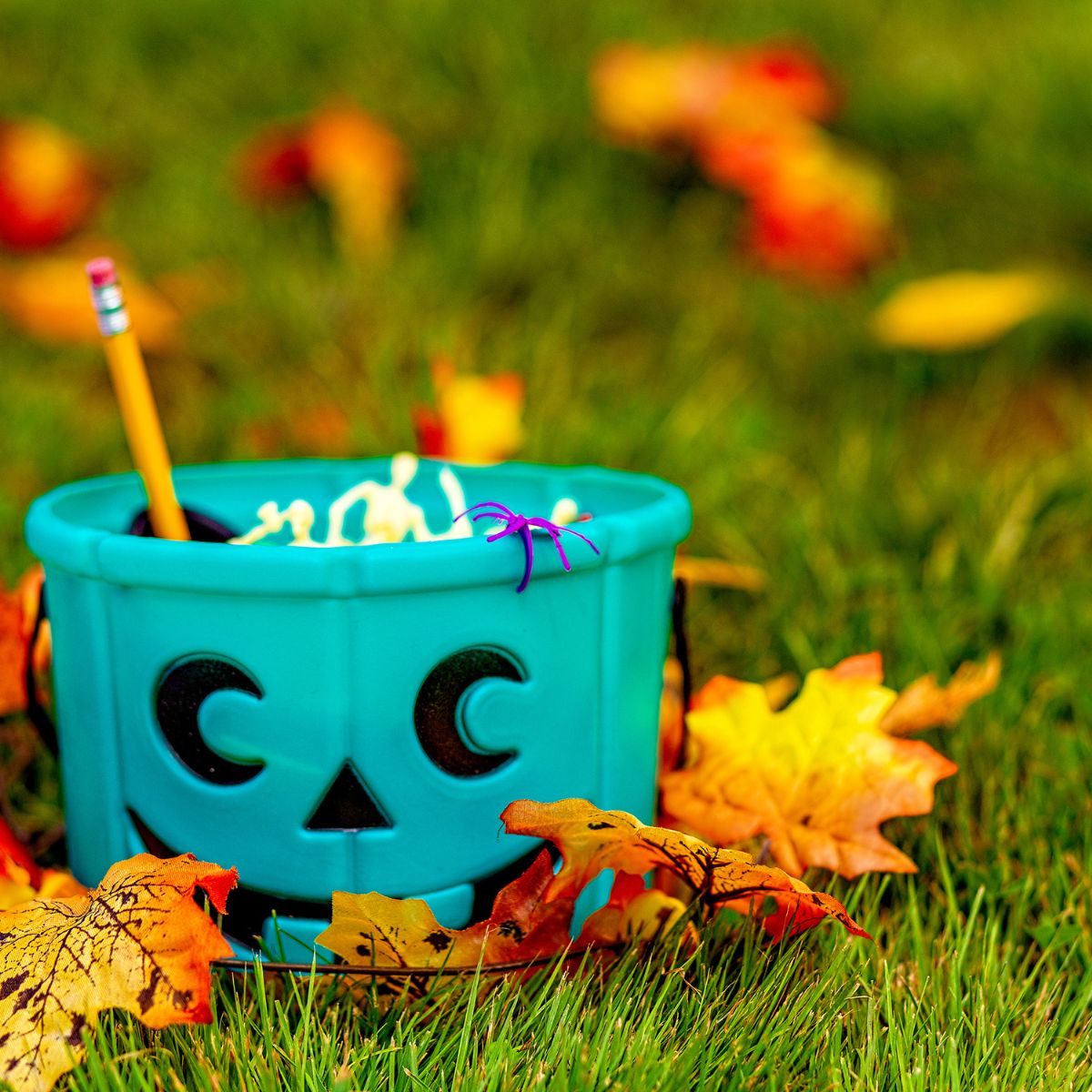 thumbnail image of teal halloween bucket in grass with non-candy halloween treats