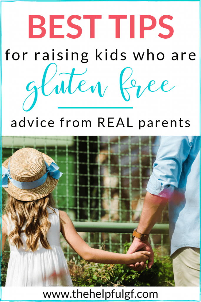 Girl with father and overlayed text stating Best Tips for raising kids who are gluten free advice from real parents