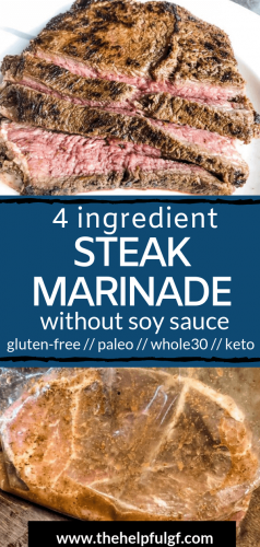 steak marinade pin with cooked steak and marinating steak