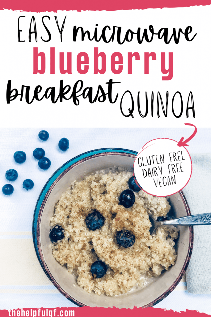 post pin with picture of the easy microwave blueberry breakfast quinoa in a bowl with spoon and extra blueberries