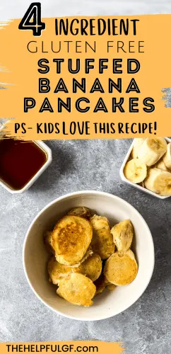 pin image with bowl of banana pancake dippers with bowl of banana and syrup.