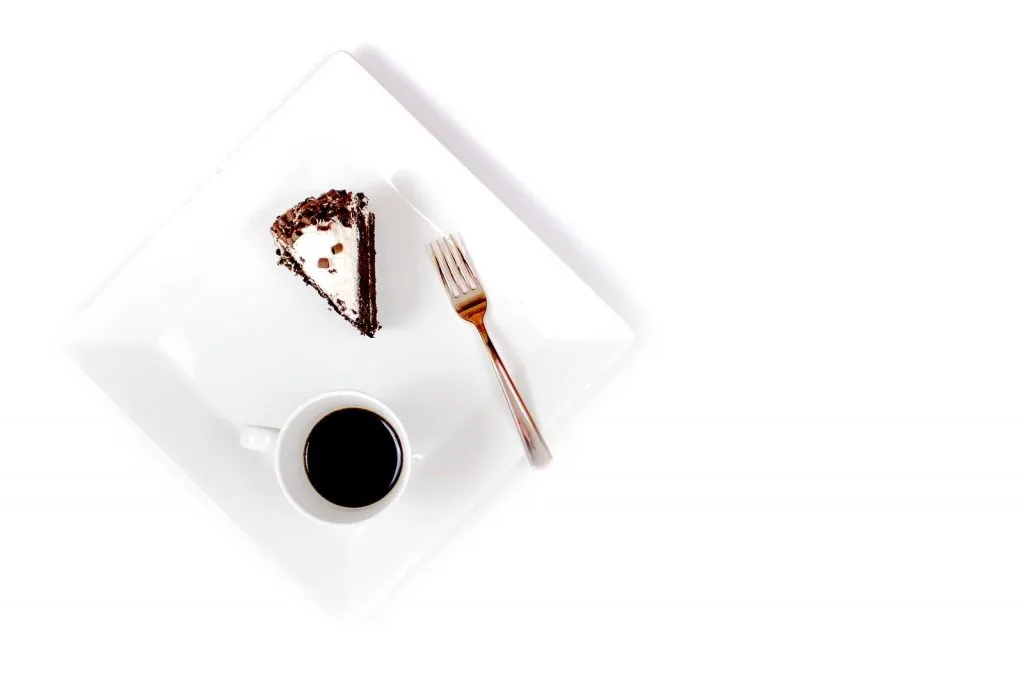 chocolate cake on plate with coffee and fork