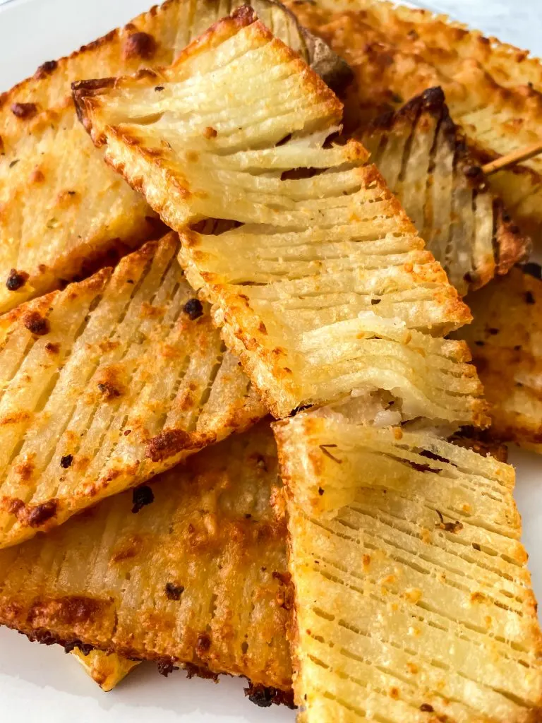 golden hasselback waffle potatoes close up