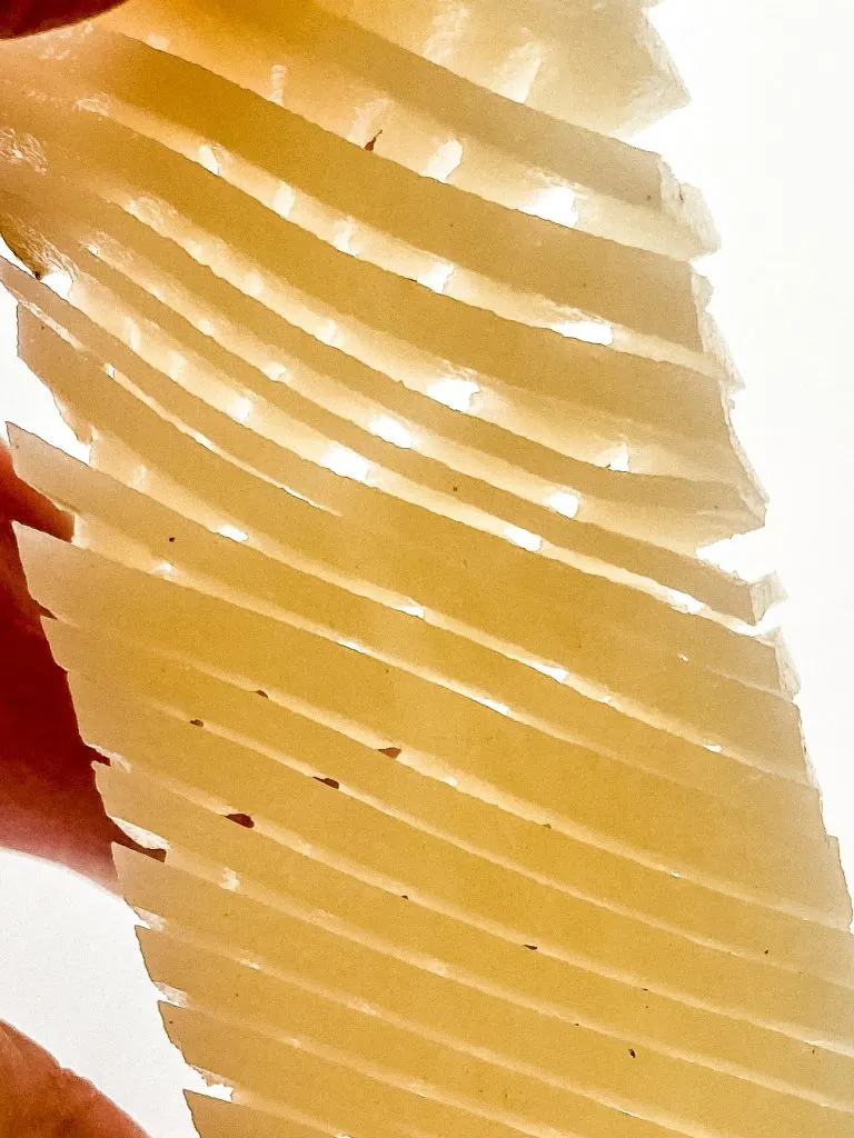 view of accordion cut on these hasselback waffle potatoes