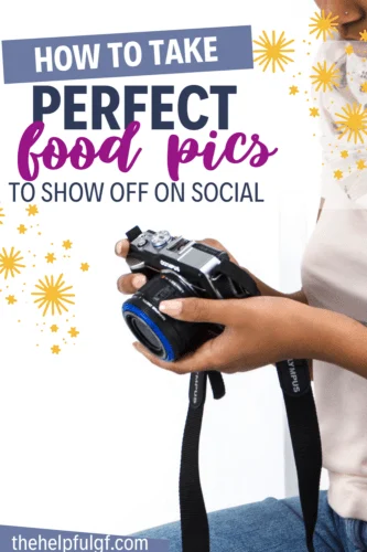 woman with camera with pinterest headline text