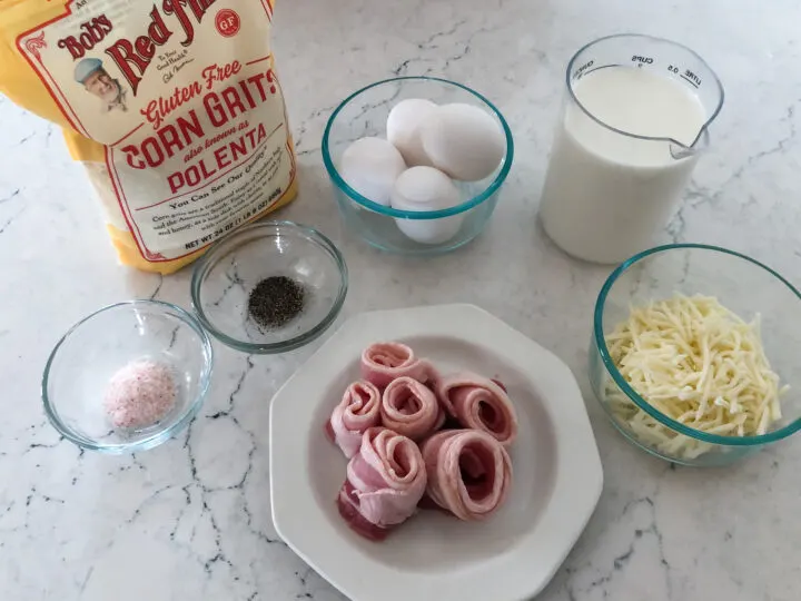bacon, cheddar, eggs, milk, salt, pepper, gluten free corn grits
