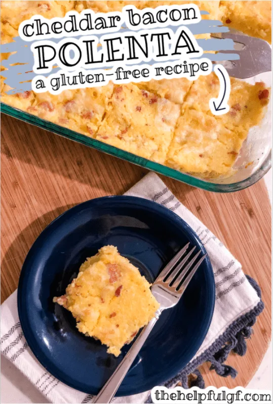 pan of cheddar bacon polenta squares with gluten free polenta square on plate with fork