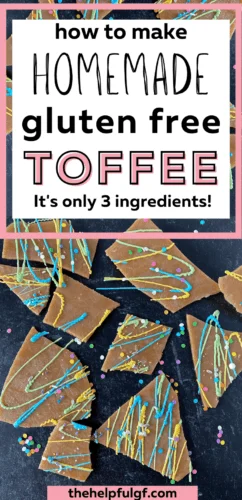 gluten free homemade toffee drizzled with chocolate and sprinkles pin image long