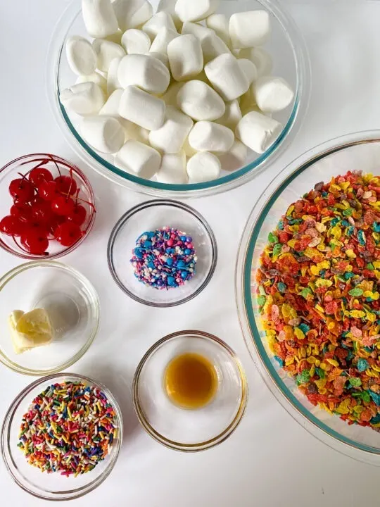 Ingredients for Fruity Pebbles Ice Cream Sundaes: fruity pebbles, marshmallows, sprinkles, vanilla, butter, cherries