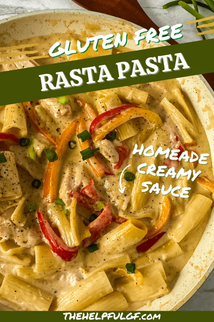 Short Pin for gluten free rasta pasta with jerk pasta in skillet with wooden spoon in background