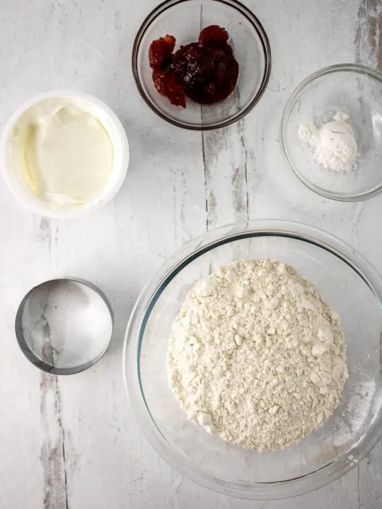 Ingredients for Gluten Free Toaster Pastries; gluten free flour, baking powder, jam, yogurt