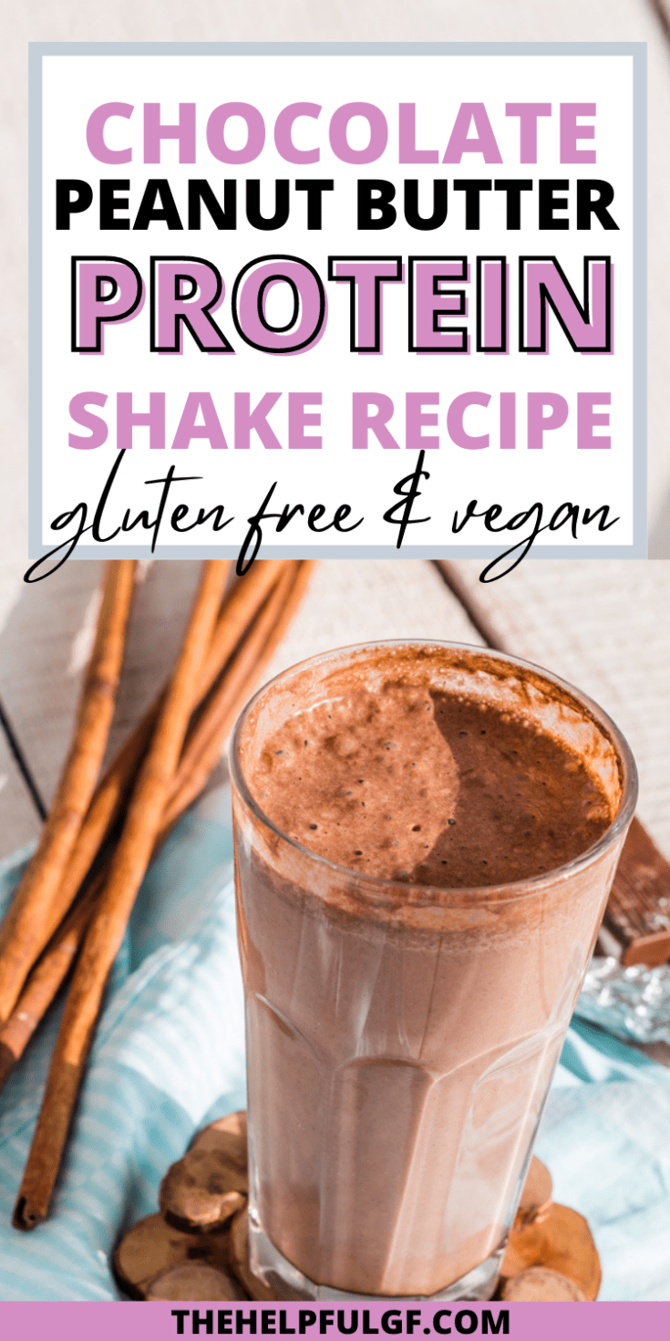 pin image for a chocolate peanut butter protein shake with cinnamon sticks