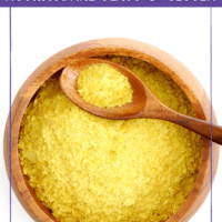 Pin image wooden bowl of nutritional yeast with text your guide to nutritional yeast and gluten