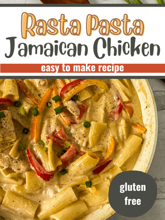 short pin with text rasta pasta jamaican chicken easy to make recipe gluten free with pasta in a skillet