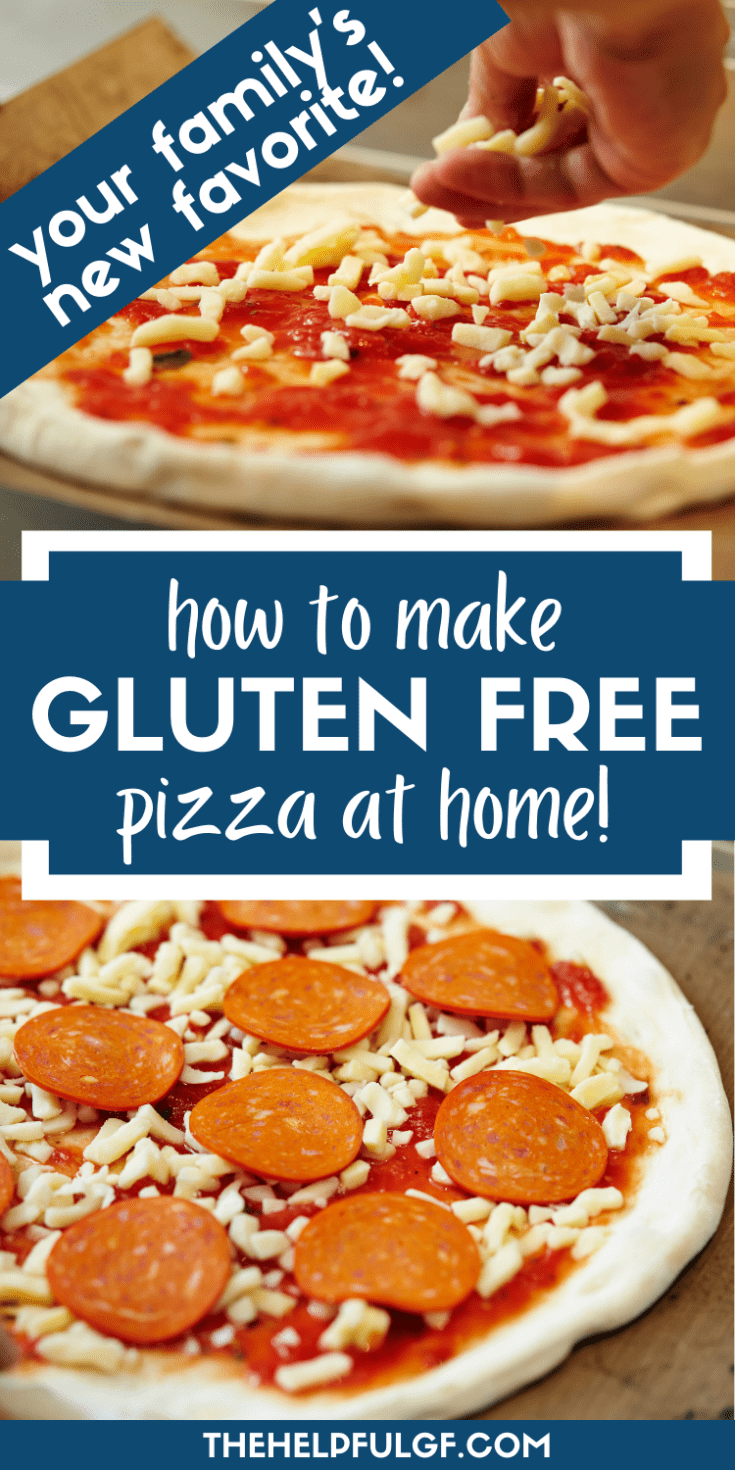 pin image for how to make gluten free pizza at home, one gluten free pizza crust with sauce and person sprinkling cheese, one gluten free pizza with pepperoni ready for the oven