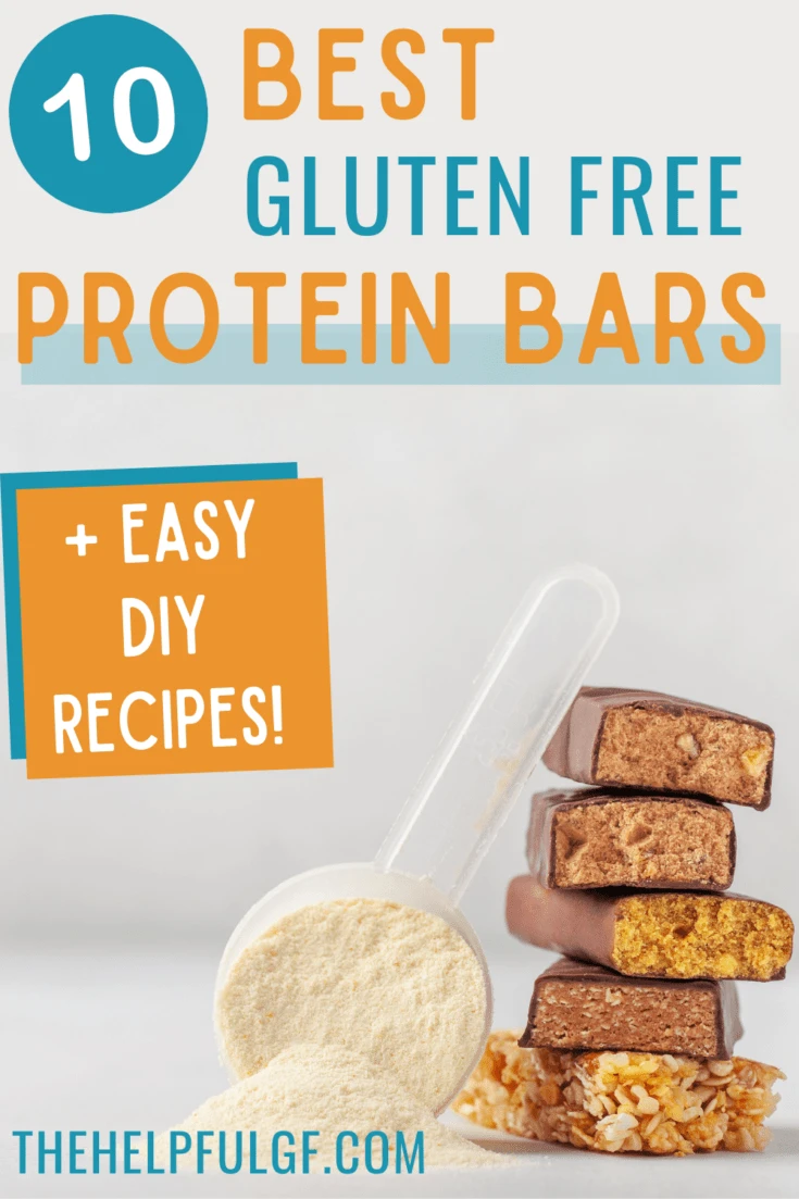 pin image with text best gluten free protein bars with easy diy recipes stack of protein bars and scoop of protein powder