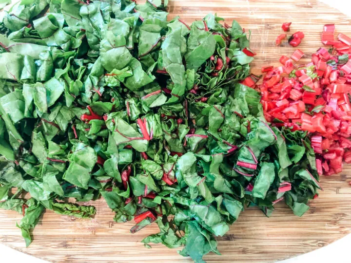 chopped swiss chard leaves and stems separated