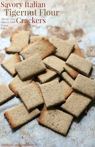 savory italian tiger nut flour crackers on sheet pan
