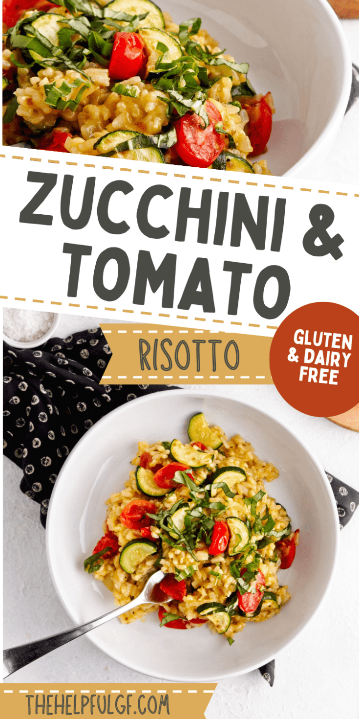 bowl of creamy vegetable risotto pin with text zucchini and tomato risotto