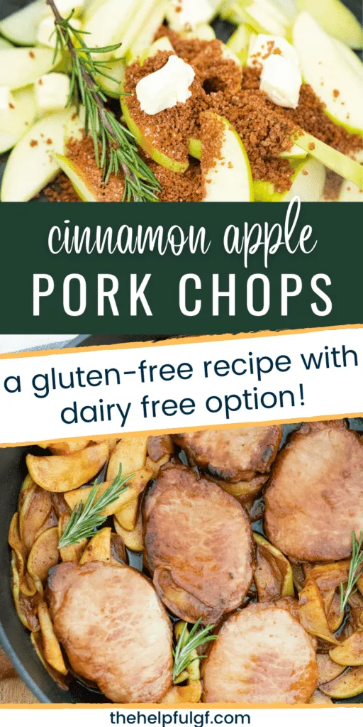 gluten free cinnamon apple pork chops with dairy free option with apples in skillet and brown sugarpin 2-min