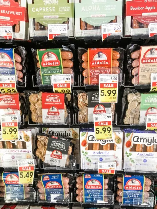 gluten free sausages and meatballs in the grocery store