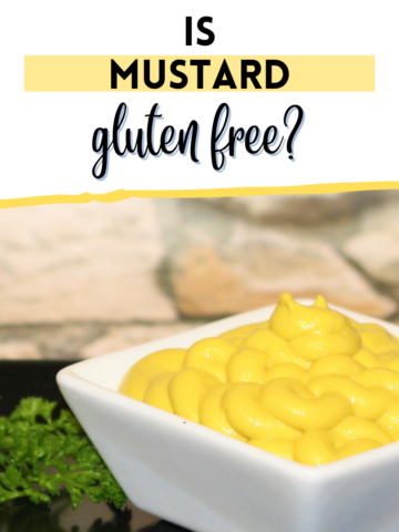 Image text Is Mustard Gluten Free? with a white square bowl of yellow mustard