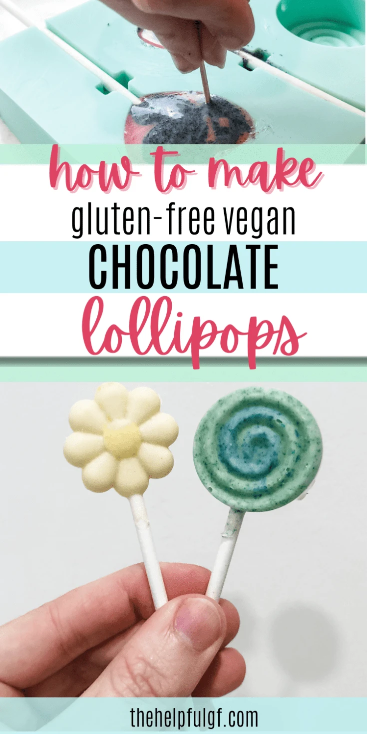 chocolate lollipops long pin with images of chocolate lollipops and text how to make gluten free vegan chocolate lollipops