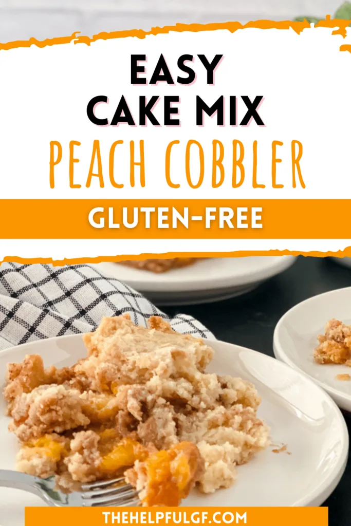 plated peach cobbler with fork with pin text easy cake mix peach cobbler