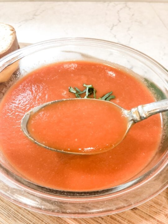 finished tomato basil soup with spoon