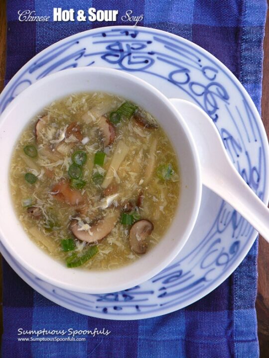 chinese hot and sour soup with mushrooms in bowl