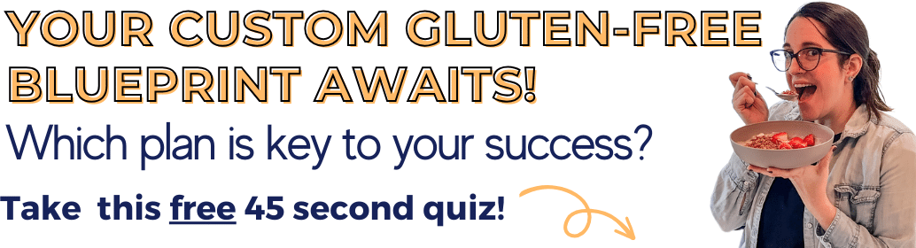 in post quiz graphic with image of sharon eating yogurt with text overlay: your custom gluten free blueprint awaits