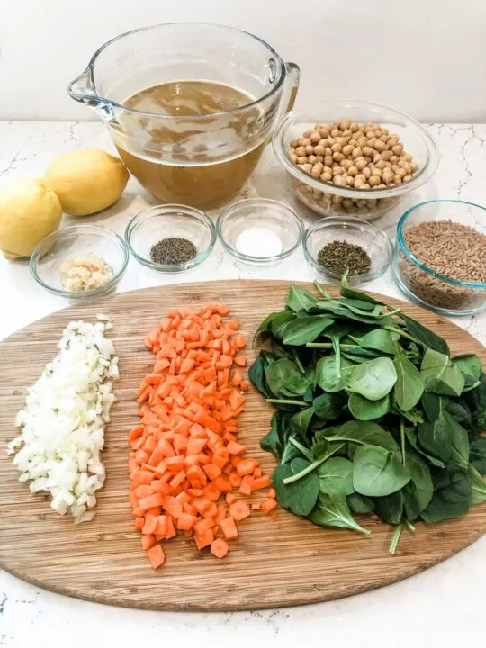 Ingredients for lemon orzo soup vegetables, seasonings, broth chickpeas, gluten free orzo