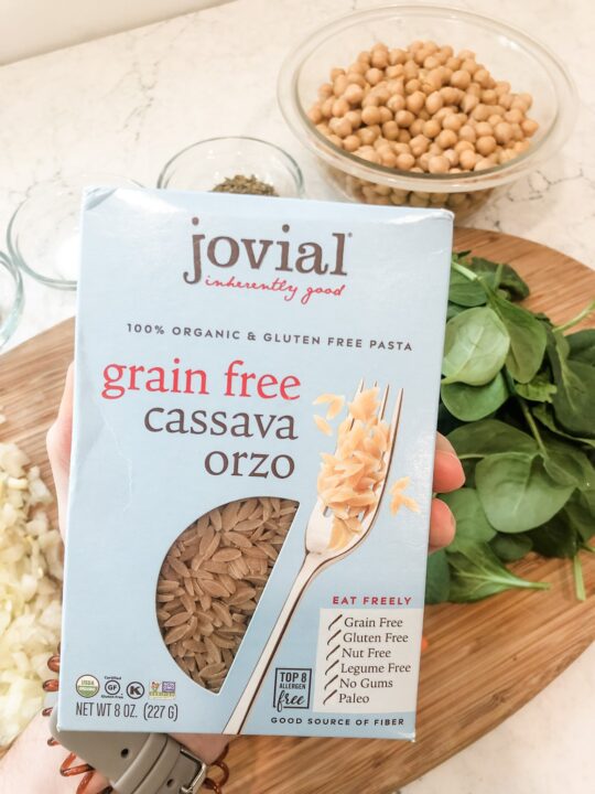 Jovial Cassava Orzo in box with other ingredients in background