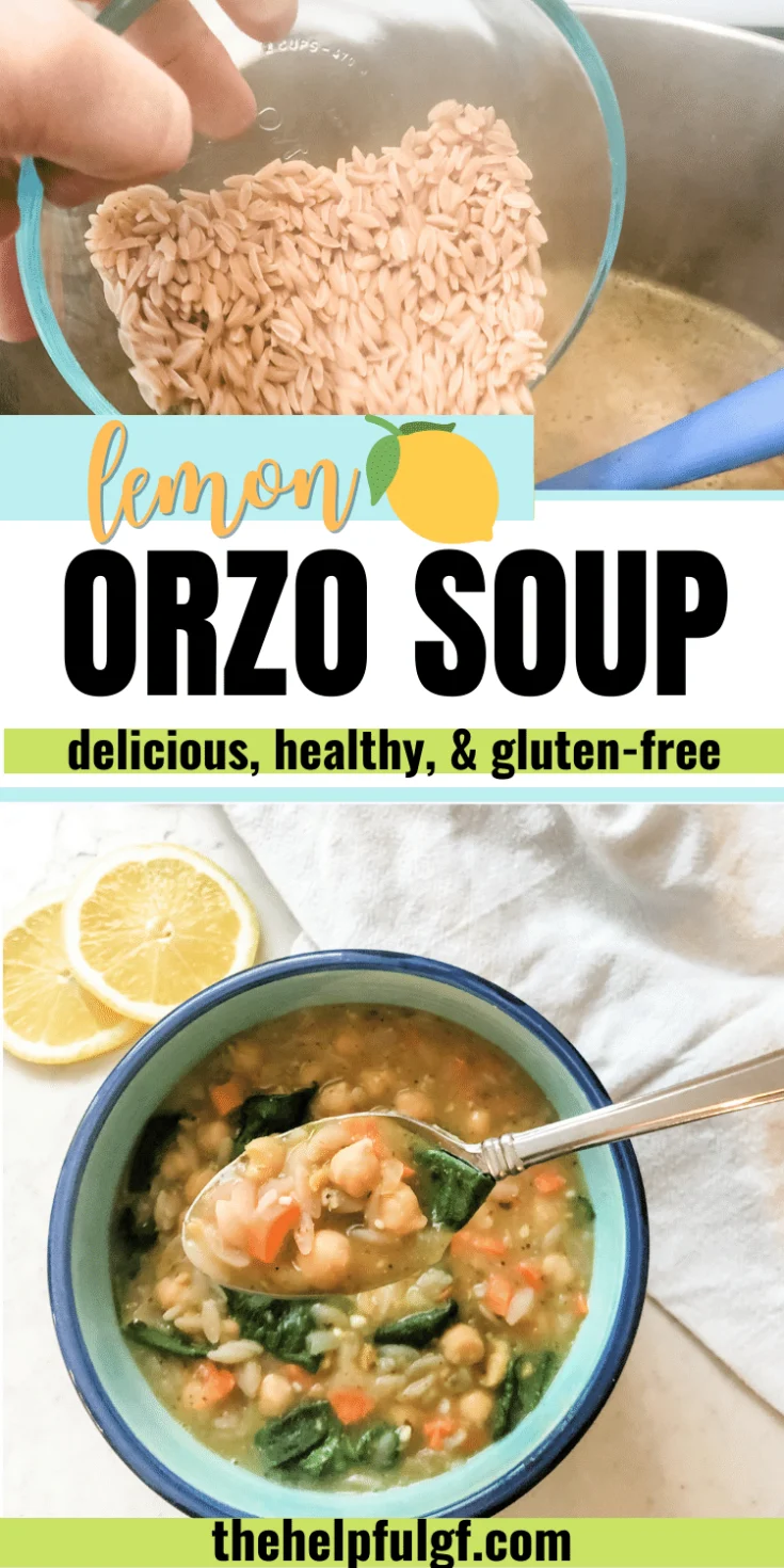 pin image for lemon orzo soup with bowl of orzo soup with lemons and gluten free orzo poured into soup