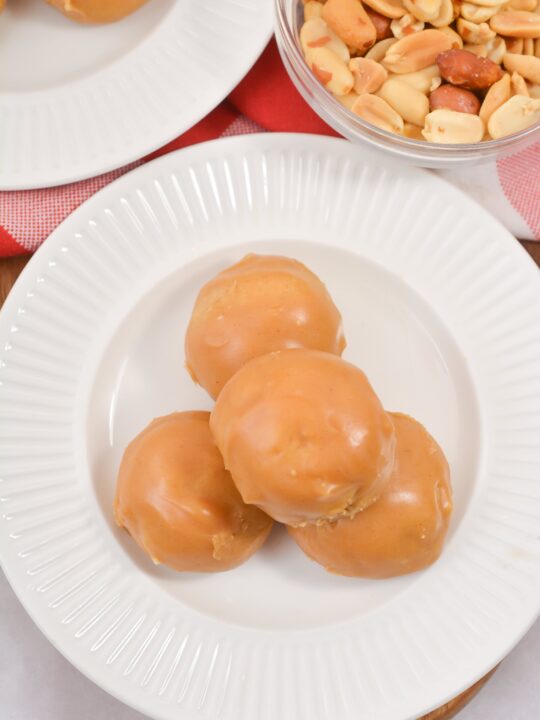 gluten free chocolate peanut butter donut holes on plate with peanuts in background on red and white tea towel