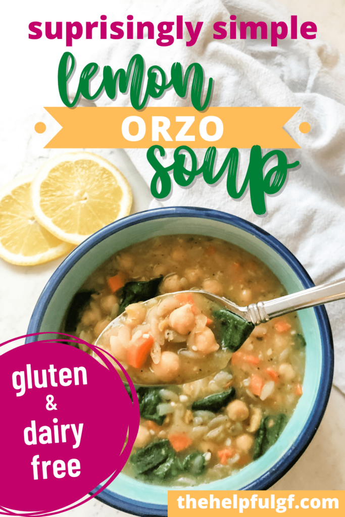 pin image for bowl of chickpea lemon orzo soup with spoon and lemons in background