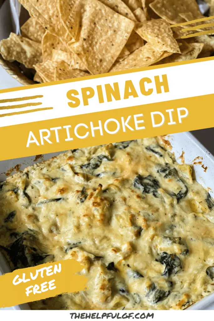 pin image spinach artichoke dip in baking pan with tortilla chips