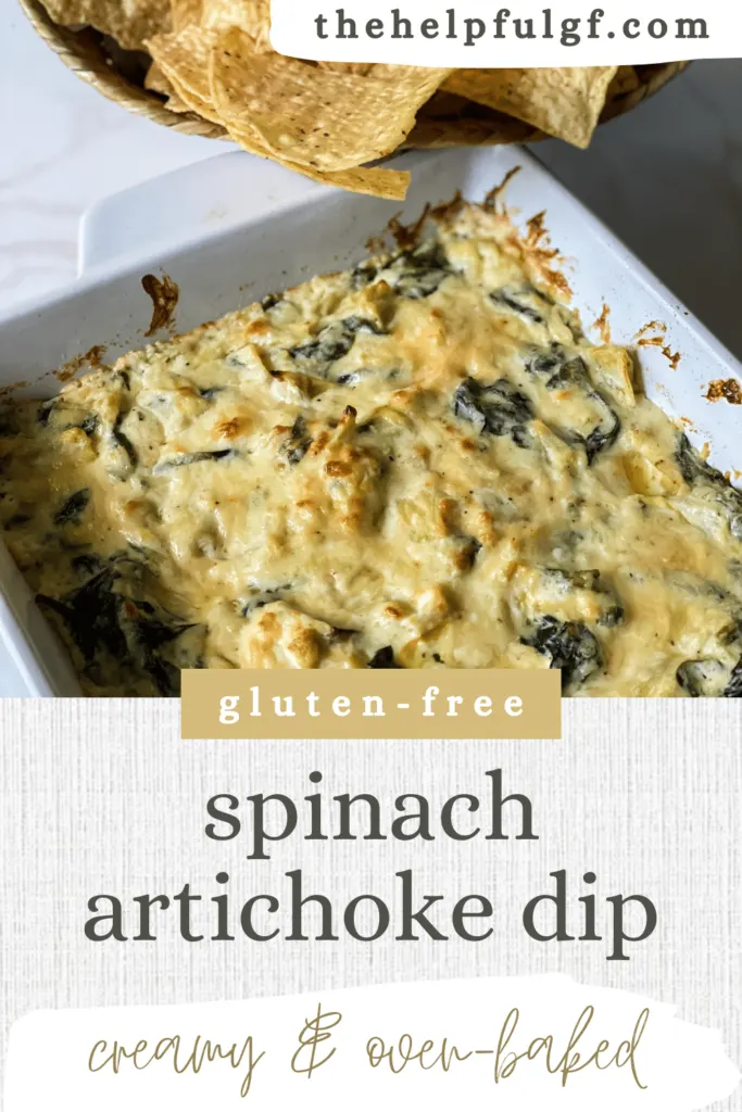 pin image spinach artichoke dip in baking pan with tortilla chips