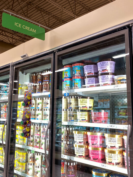 The Ice Cream section of the frozen foods aisle of a Publix grocery store where all sorts of tasty frozen treats are displayed.