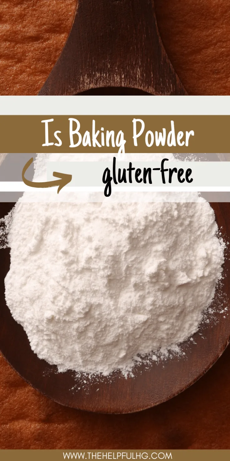 pin image of baking powder on a wooden spoon with with text overlay saying is baking powder gluten free