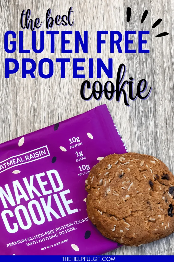 oatmeal raisin naked cookie sitting on wrapper on wooden table with text overlay the best gluten free protein cookie