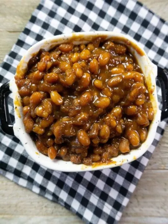 GF Instant Pot Baked Beans on a checkered cloth