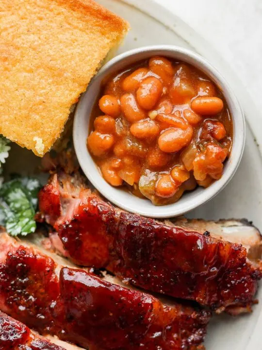 homemade gluten free smoked baked beans with cornbread and ribs