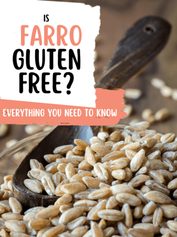 black wooden spoon sitting in a glass bowl filled with farro and a text overlay that says "is farro gluten free? everything you need to know
