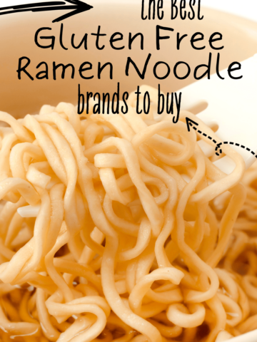 White bowl filled with ramen noodles and text overlay that says the best gluten free ramen noodle brands to buy