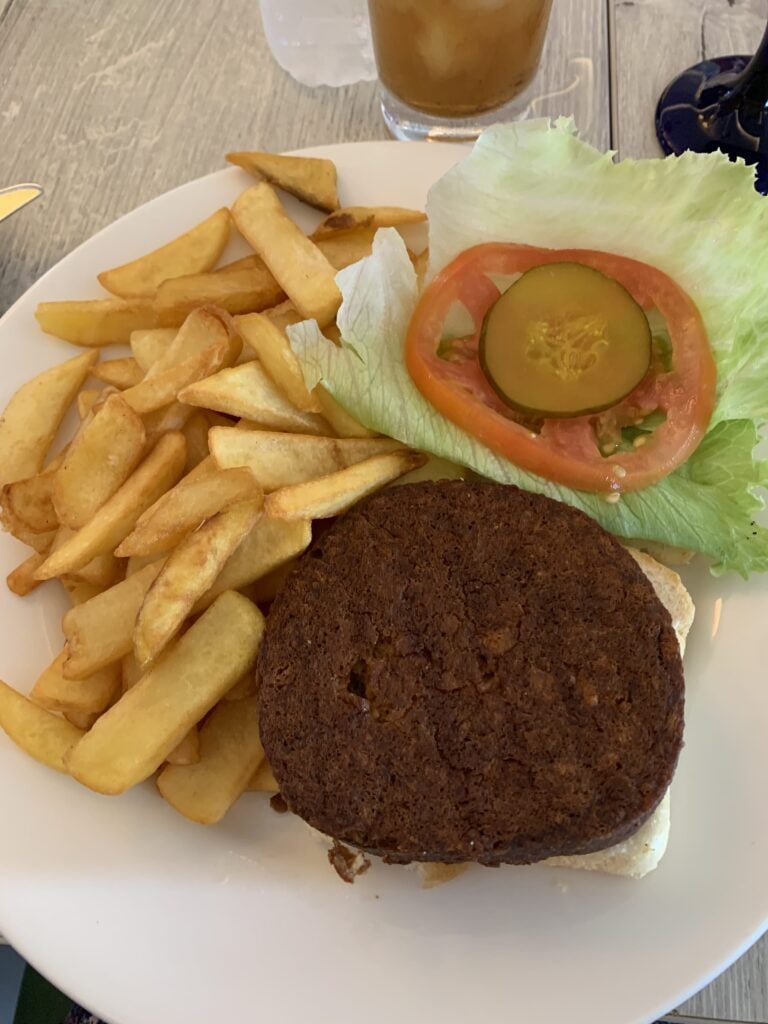 Veggie burger on fresh baked gluten free bread with gluten free fries at sandals resort